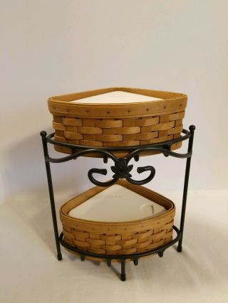2003 Longaberger Small Double Corner Basket Wrought Iron Stand Liddedprotector