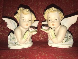 Set Of 2 Vintage Angel Cherub Figurine Bust Lefton Hand Painted Kw1415