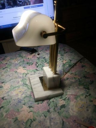 Vintage 1960 " S Brass Bankers Desk Lamp W/milk White Glass Shade And Marble Base