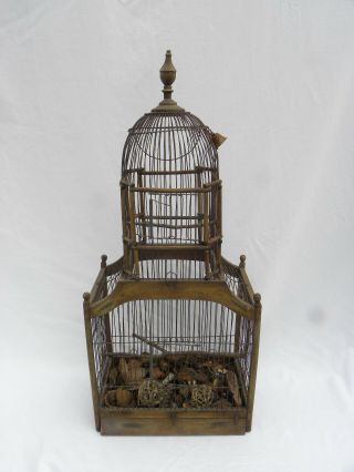Antique Victorian Wood And Wire Bird Cage With 2 Spring - Loaded Doors 32 1/2 "