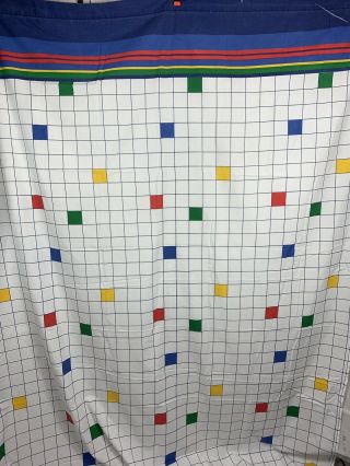 Vtg.  80’s Geometric Grid Squares Print Flat Sheet Primary Colors Fabric