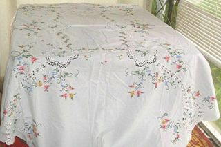 Vtg Oval White Cotton Tablecloth Embroidered Flowers Crochet Inserts 66 " X 82 "