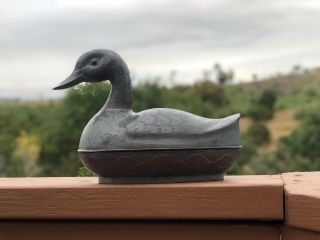 Vintage Large Etched Pewter Duck Trinket Box Made In Hong Kong