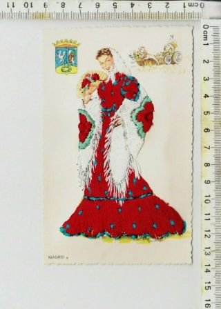 A/s Elsi Gumier - Madrid 2 - Embroidered Silk Spanish Postcard - Woman In Red