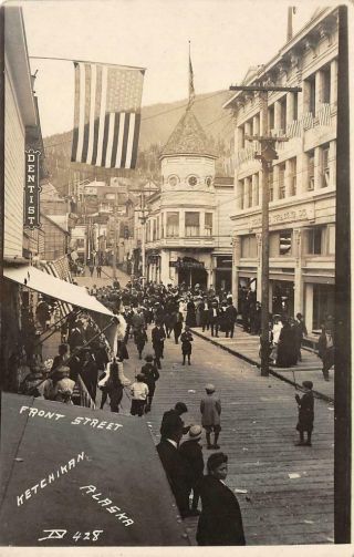 Rppc Ketchikan Front Street Scene 4th Of July? Alaska Ca 1910s Vintage Postcard