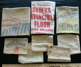 Vintage Old Flour Sugar Cloth Bags Sacks Domino Jack Frost Sauers Gold Medal