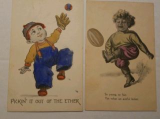 2 Vintage Comical Postcards Curca 1910 Young Boys Playing Baseball & Football