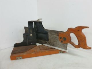 Antique 13.  5 " Hand Saw & 13.  5 " Miter Box Unbranded
