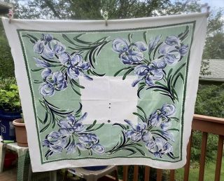 Vintage 1950’s Cotton Tablecloth Blue Iris Flowers Green & White Cutter