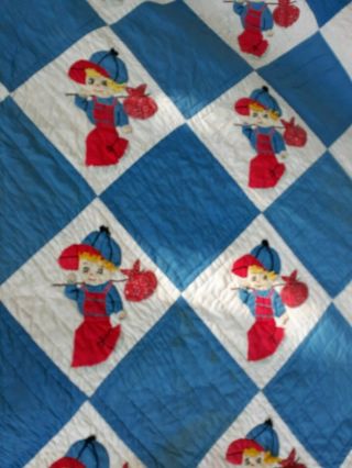 Vintage Youth Quilt - Hand Stitched - Boy With Bag On Stick - 92 " X 53 "