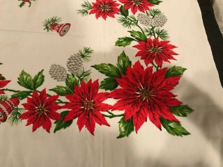 Vintage Christmas Mid Century Print Tablecloth Poinsettias Bells 64 " X 50 "