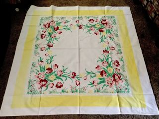 Vintage Tablecloth Wilendur? Floral Burgundy Pink Flowers Yellow Border 50x50