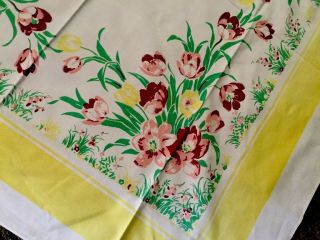 Vintage Tablecloth Wilendur? Floral Burgundy Pink Flowers Yellow Border 50x50 2