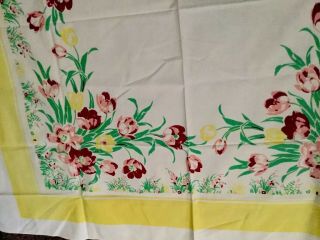 Vintage Tablecloth Wilendur? Floral Burgundy Pink Flowers Yellow Border 50x50 3