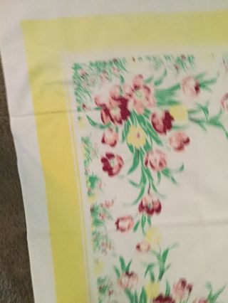Vintage Tablecloth Wilendur? Floral Burgundy Pink Flowers Yellow Border 50x50 4