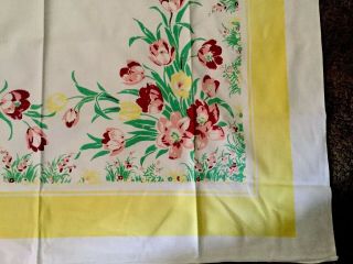 Vintage Tablecloth Wilendur? Floral Burgundy Pink Flowers Yellow Border 50x50 5