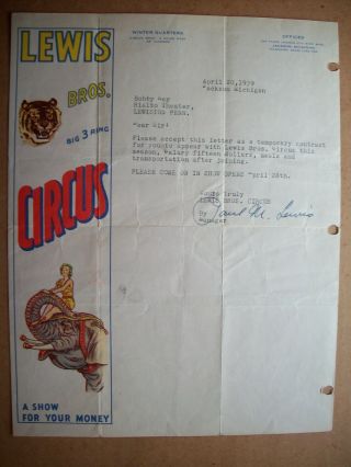 Lewis Bros.  Big 3 Ring Circus - 1939 - Letterhead - Signed