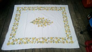 Vintage Tablecloth Yellow Roses Flowers Floral Retro Mid Century Kitchen