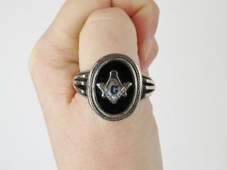Exceptional Retro Art Deco Sterling Silver Onyx Big Size 13 1/4 Masonic Ring