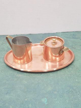 Vintage B&m Duoro Copper & Brass Creamer & Sugar With Oval Tray Made In Portugal