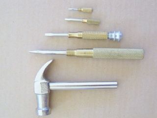 Nested Claw Hammer & Slotted Screwdriver Set - 5 In 1 - Brass