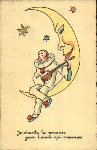 Clown Pierrot W/ Guitar Man In The Moon C1920 French Postcard