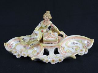 Stunning Antique German Art Nouveau Figural Inkwell Hand Painted Ceramic C1880