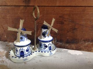 3 Piece Vintage Delft Holland Windmill Salt And Pepper Shaker Set W/ Stand Tray