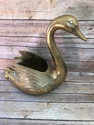 Vtg Home Decor Heavy Brass Swan Golden Goose Duck Planter