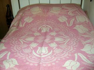 Vintage Orr Health Pink/cream Wool Reversible Tulip Design Blanket.  76 " X 90 "