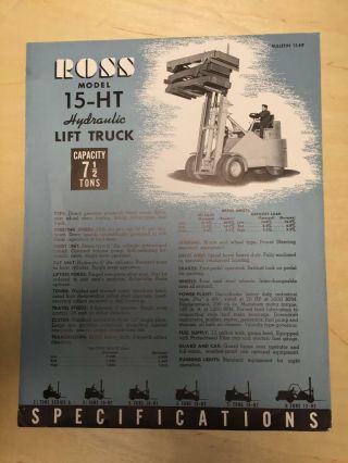Vtg Ross Carrier Co Brochure Spec Sheet Series 15 - Ht Lift Truck Photo Prints
