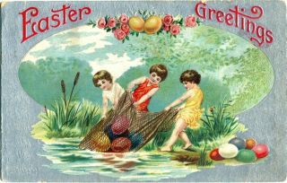 Antique Easter Postcard Angels/ Children Net Colored Eggs Fm River Emboss German