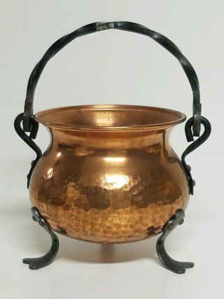 Vintage Hammered Copper Footed Cauldron Kettle Pot Wrought Iron Handle Germany