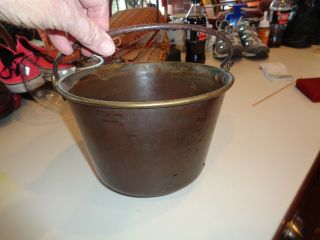 Vintage American Brass Kettle Bucket Pail With Wrought Iron Rat Tail Handle