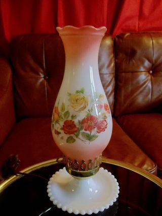 Vintage Milk Glass Vanity/boudoir Table Lamp W/hand Painted Roses,  Pink & White