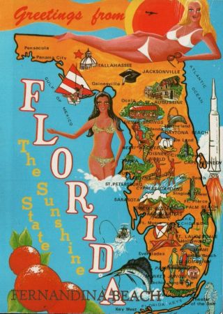 Greetings From Florida Vintage Map Postcard