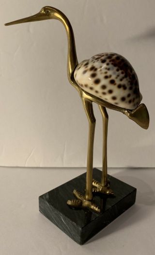 Brass Cowry Seashell Crane Heron Egret Figurine Coastal Beach Decor