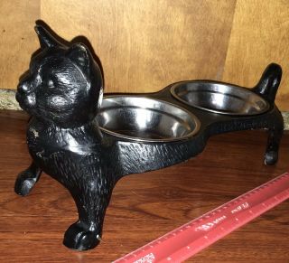 Vintage Cast Iron Black Cat Pet Food And Water Dish Holder With Bowl Set Feeder