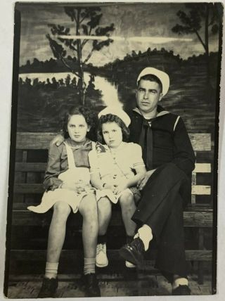 Sailor Man With Family In The Arcade,  Children,  Vintage Photo Snapshot
