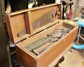 Large 33 " Long Antique Wooden Carpenters Tool Box