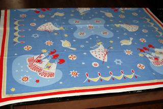 Vintage Tablecloth Linen Printed Christmas Angels Blue Yellow Red Square