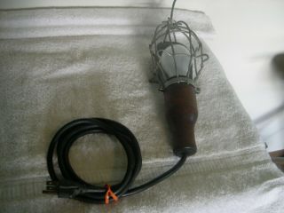 Vintage Wood Handle Mcgill Industrial Drop Light Cage Trouble Lamp Steam Punk