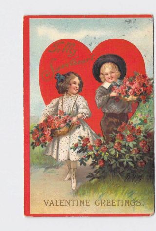 Antique Postcard Valentine Boy And Girl Pick Roses Heart In Background Embossed