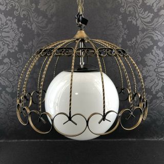 Mcm 16” Wire Frame & Swedish Ball Glass Swag Ceiling Lamp Light Vintage Hanging