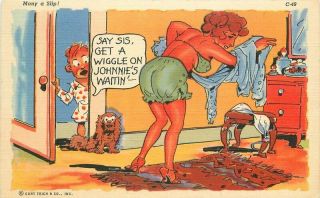 Comic Humor 1940s Ray Walters Sexy Pin Up Sister Wiggle Postcard Linen 2412