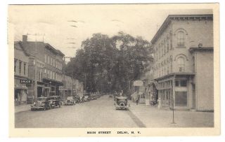 1930s Delhi Ny York Main Street View Postcard Drug Store Antique Cars