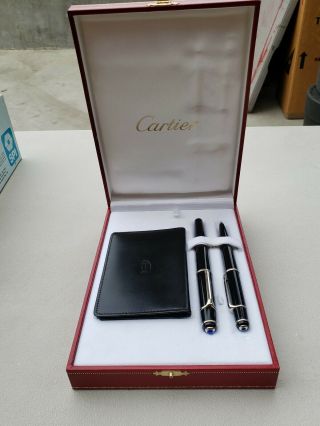 Cartier Diablo Rollerball & Ballpoint Pen Set W/leather Card Holder Retail $475 2
