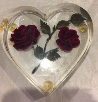 Vintage Bircraft Lucite/acrylic Red Rose Heart Paperweight 3 1/2”wide