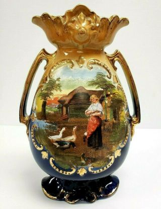 Limoges French Porcelain 14 " Monarch Cobalt Blue Gold Gilded Vase / Urn Pheasant