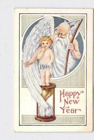 Antique Postcard Years Father Time With Wings Baby Hourglass And Scythe Embo